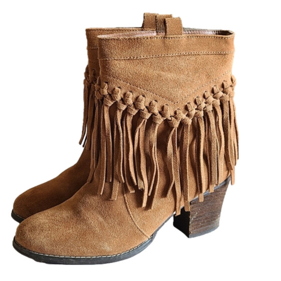 Sbicca Brown Sound Suede Leather Moccasin Boots with Fringe & Block Heel - Picture 4 of 8